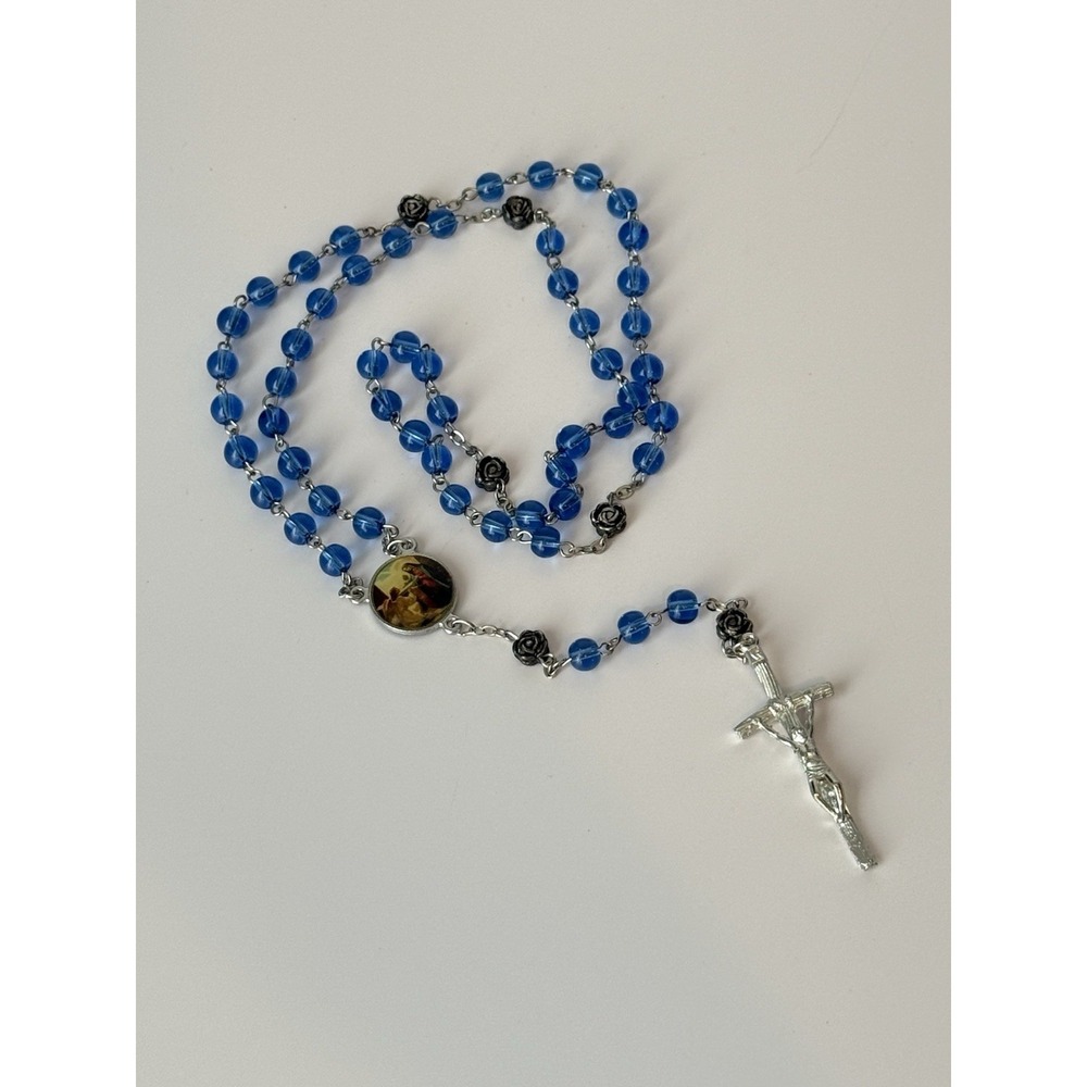 Vintage Blue Rosary Necklace Silver Tone Crucifix Virgin Mary Catholic
